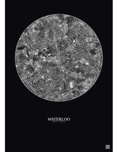Waterloo Satellite View Poster 2.5km B&W | Gravura – Dark background