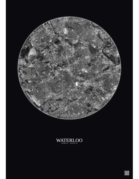 Waterloo Satellite View Poster 5km B&W | Gravura – Dark background