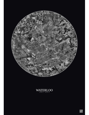 Waterloo Satellite View Poster 10km B&W | Gravura – Dark background