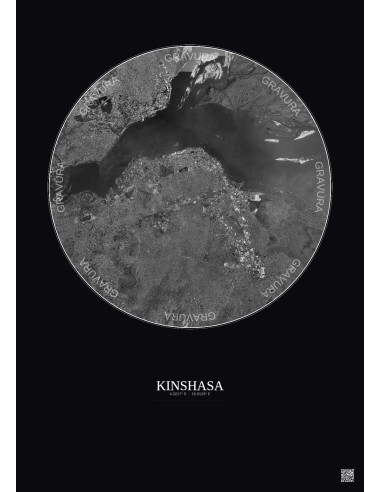 Affiche Kinshasa – Poster vue satellite 10km N&B | Gravura – Fond foncé