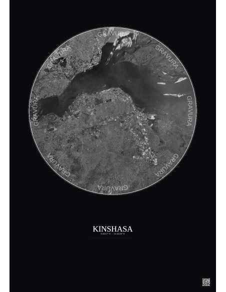 Affiche Kinshasa – Poster vue satellite 10km N&B | Gravura – Fond foncé