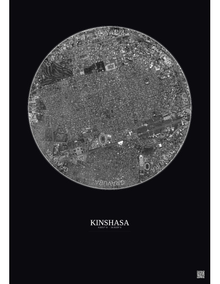 Kinshasa Satellite View Poster 2.5km B&W | Gravura – Dark background