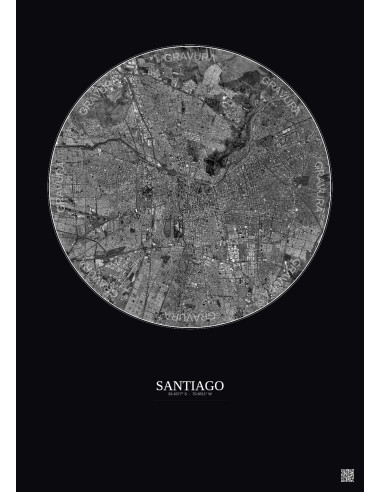 Affiche Santiago – Poster vue satellite 10km N&B | Gravura – Fond foncé