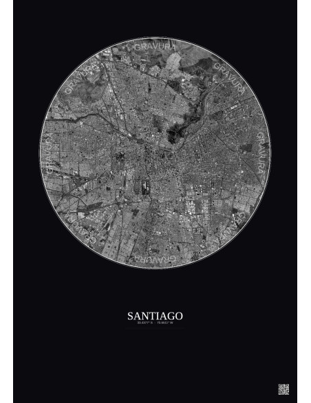 Affiche Santiago – Poster vue satellite 10km N&B | Gravura – Fond foncé