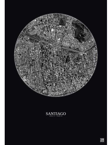 Affiche Santiago – Poster vue satellite 2.5km N&B | Gravura – Fond foncé