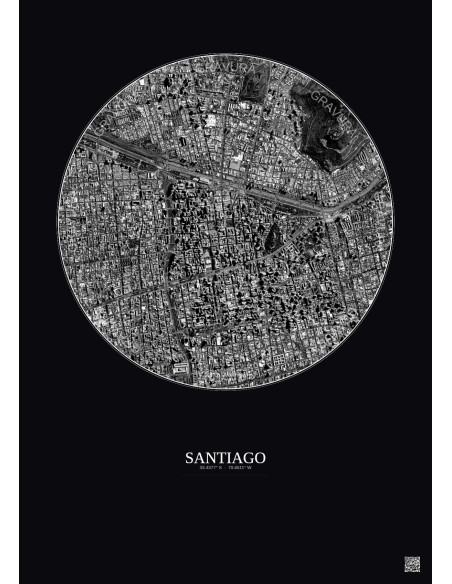 Affiche Santiago – Poster vue satellite 2.5km N&B | Gravura – Fond foncé