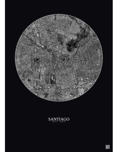 Affiche Santiago – Poster vue satellite 6km N&B | Gravura – Fond foncé