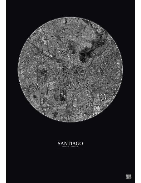 Affiche Santiago – Poster vue satellite 6km N&B | Gravura – Fond foncé