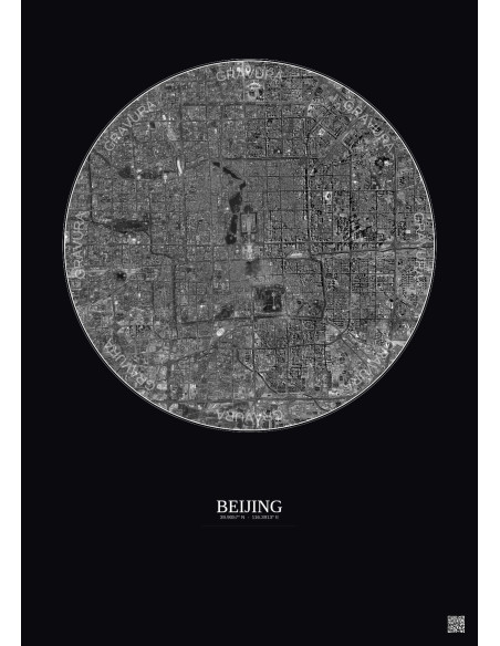Affiche Beijing – Poster vue satellite 10km N&B | Gravura – Fond foncé