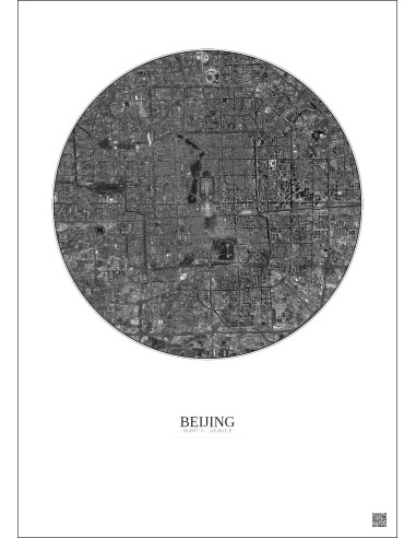 Affiche Beijing – Poster vue satellite 10km N&B | Gravura – Fond clair