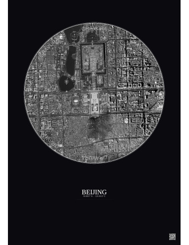 Affiche Beijing – Poster vue satellite 2.5km N&B | Gravura – Fond foncé