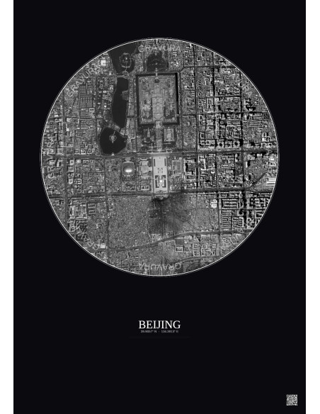 Affiche Beijing – Poster vue satellite 2.5km N&B | Gravura – Fond foncé