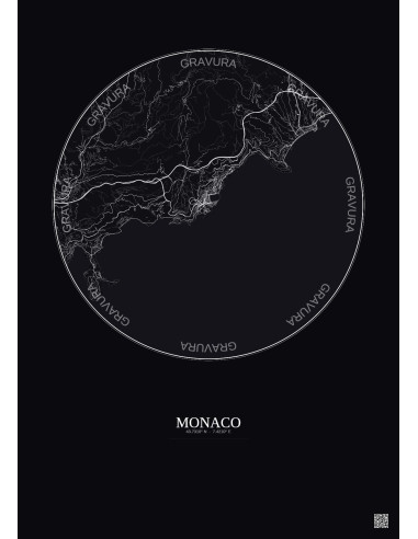 Monaco City Map Poster 10km | Gravura – Dark background