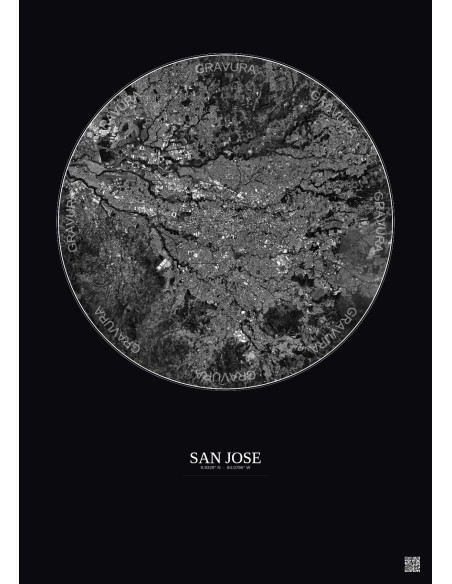 Affiche San Jose – Poster vue satellite 10km N&B | Gravura – Fond foncé