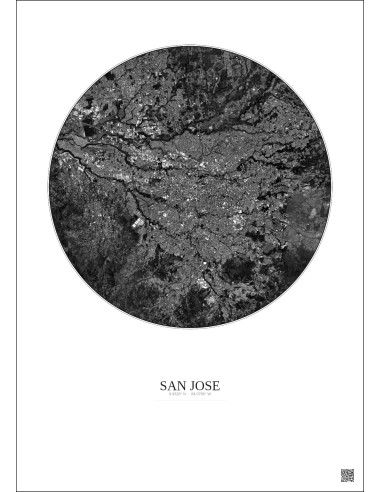 Affiche San Jose – Poster vue satellite 10km N&B | Gravura – Fond clair