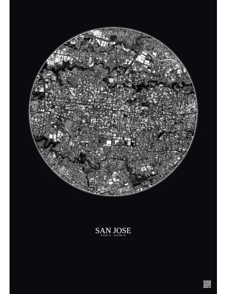 Affiche San Jose – Poster vue satellite 2.5km N&B | Gravura – Fond foncé