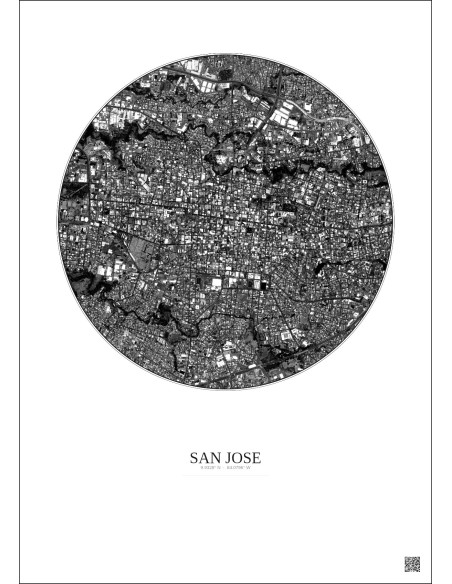 Affiche San Jose – Poster vue satellite 2.5km N&B | Gravura – Fond clair