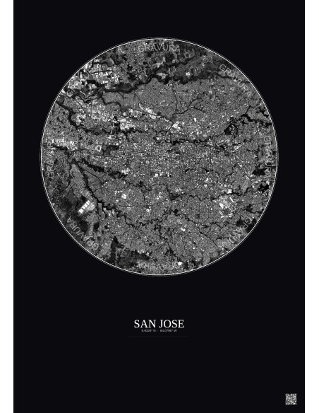 Affiche San Jose – Poster vue satellite 6km N&B | Gravura – Fond foncé