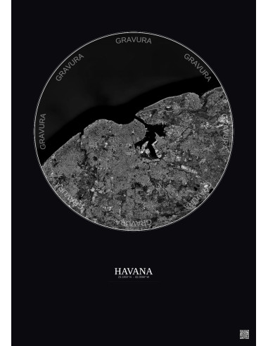 Affiche Havana – Poster vue satellite 10km N&B | Gravura – Fond foncé