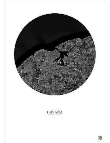 Affiche Havana – Poster vue satellite 10km N&B | Gravura – Fond clair