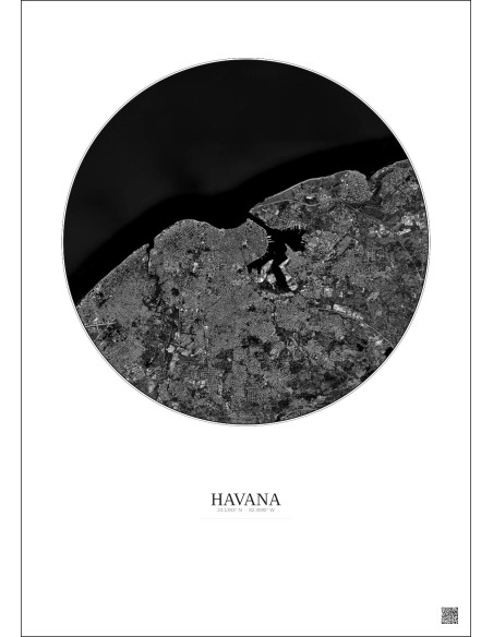 Affiche Havana – Poster vue satellite 10km N&B | Gravura – Fond clair