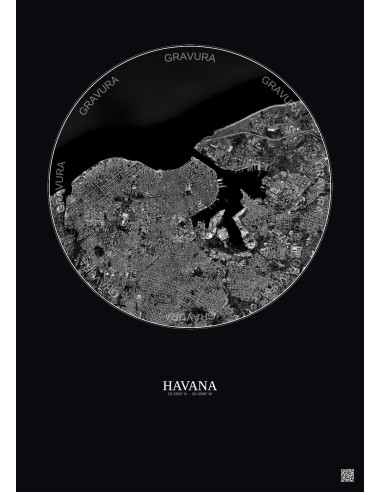 Havana Satellite View Poster 6km B&W | Gravura – Dark background