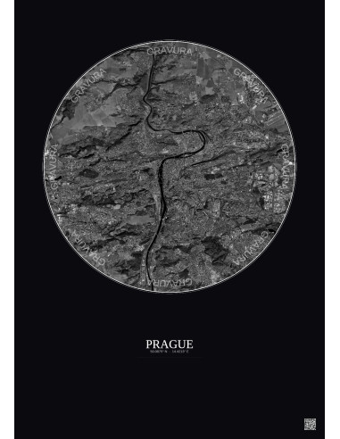 Affiche Prague – Poster vue satellite 10km N&B | Gravura – Fond foncé