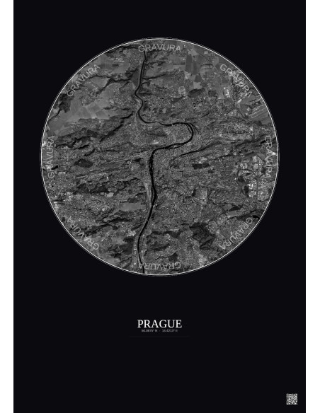 Affiche Prague – Poster vue satellite 10km N&B | Gravura – Fond foncé