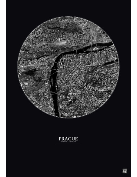 Affiche Prague – Poster vue satellite 2.5km N&B | Gravura – Fond foncé