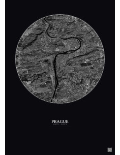Prague Satellite View Poster 6km B&W | Gravura – Dark background