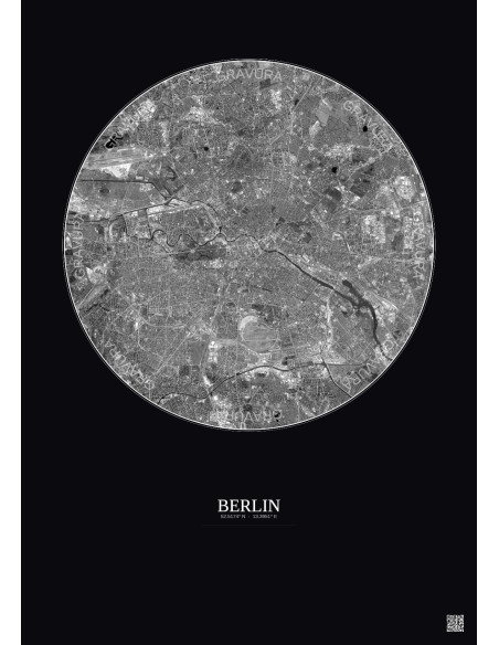Affiche Berlin – Poster vue satellite 10km N&B | Gravura – Fond foncé