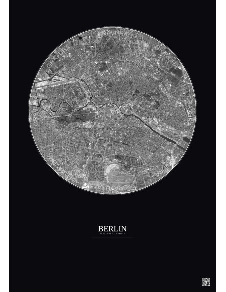 Affiche Berlin – Poster vue satellite 6km N&B | Gravura – Fond foncé