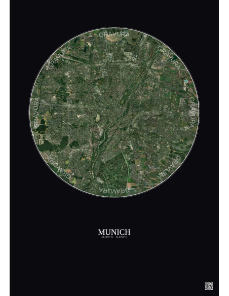 Affiche Munich – Poster vue satellite 10km Couleur | Gravura – Fond foncé
