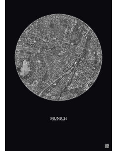 Affiche Munich – Poster vue satellite 2.5km N&B | Gravura – Fond foncé