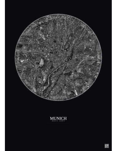 Affiche Munich – Poster vue satellite 5km N&B | Gravura – Fond foncé