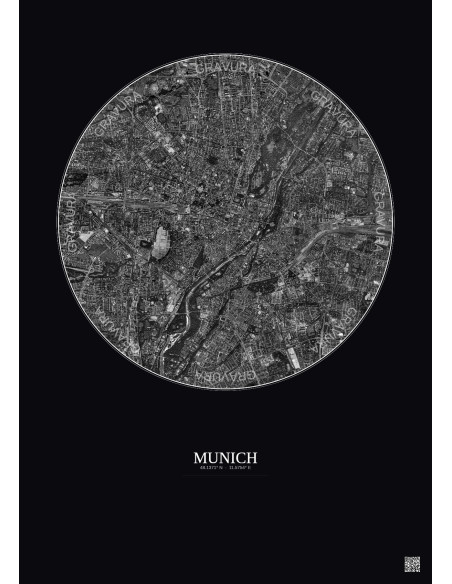 Affiche Munich – Poster vue satellite 5km N&B | Gravura – Fond foncé
