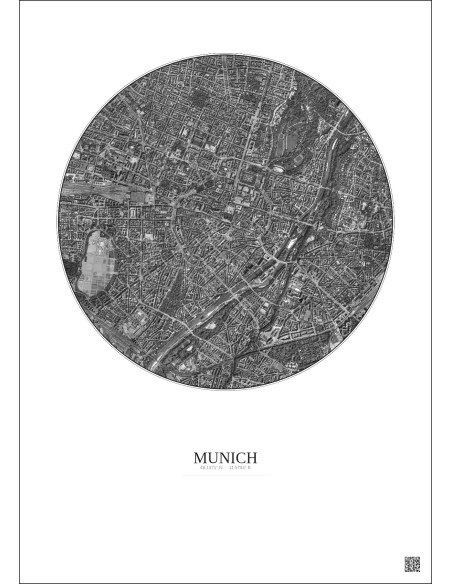 Munich Satellite View Poster 2.5km B&W | Gravura – Light background