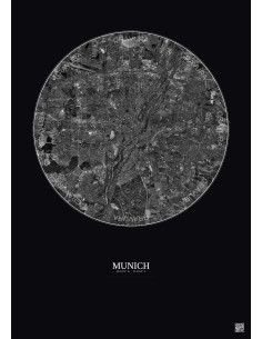 Affiche Munich – Poster vue satellite 10km N&B | Gravura – Fond foncé