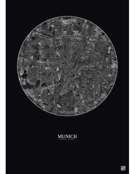 Affiche Munich – Poster vue satellite 10km N&B | Gravura – Fond foncé
