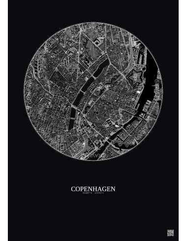 Affiche Copenhagen – Poster vue satellite 2.5km N&B | Gravura – Fond foncé