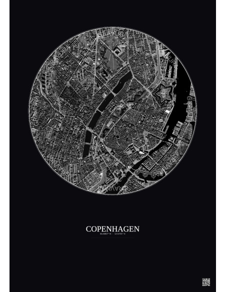 Affiche Copenhagen – Poster vue satellite 2.5km N&B | Gravura – Fond foncé