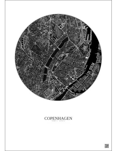 Affiche Copenhagen – Poster vue satellite 2.5km N&B | Gravura – Fond clair