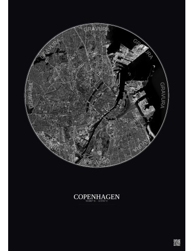 Affiche Copenhagen – Poster vue satellite 6km N&B | Gravura – Fond foncé