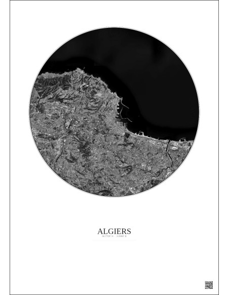 Affiche Algiers – Poster vue satellite 10km N&B | Gravura – Fond clair
