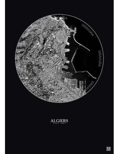Affiche Algiers – Poster vue satellite 2.5km N&B | Gravura – Fond foncé