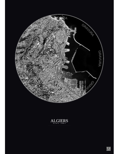 Affiche Algiers – Poster vue satellite 2.5km N&B | Gravura – Fond foncé