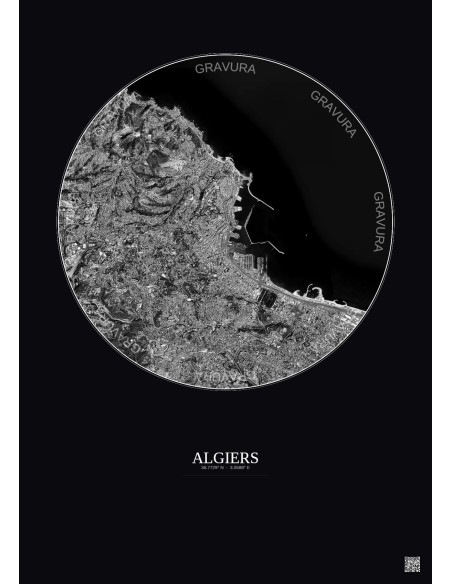 Affiche Algiers – Poster vue satellite 6km N&B | Gravura – Fond foncé
