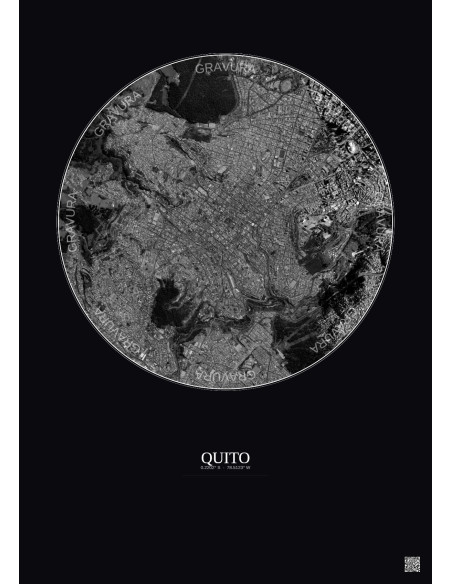 Affiche Quito – Poster vue satellite 2.5km N&B | Gravura – Fond foncé