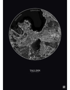 Affiche Tallinn – Poster vue satellite 10km N&B | Gravura – Fond foncé