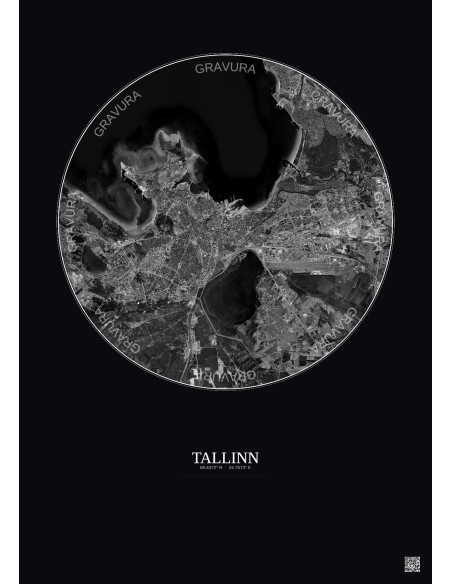 Affiche Tallinn – Poster vue satellite 10km N&B | Gravura – Fond foncé